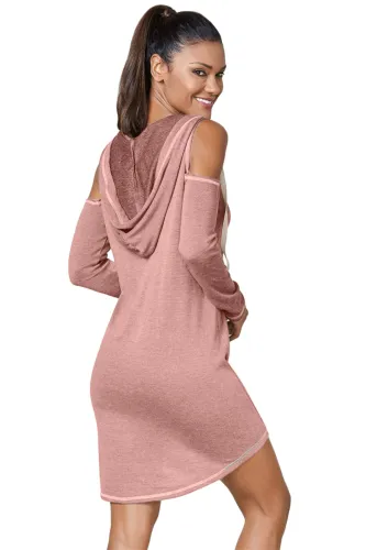 Dusty Pink Long Sleeve Cold Shoulder Hooded Dress