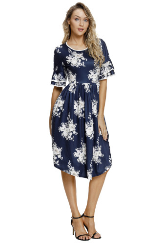 Navy Floral Print Layered Bell Sleeve Dress