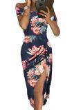 Light Blue Floral Print Short Sleeve Off Shoulder Dress