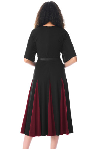 Black Burgundy Godet Colorblock A-line Midi Dress