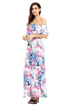 Blue Rosy Flower Off Shoulder Long Boho Dress