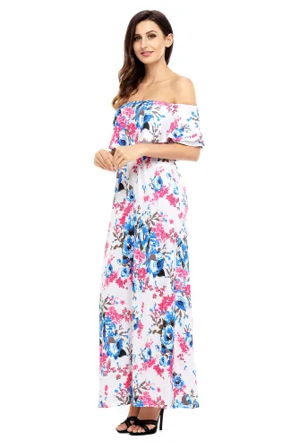 Blue Rosy Flower Off Shoulder Long Boho Dress