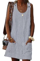 Black Boho Crew Neck Pockets Daily Striped Shift Dress