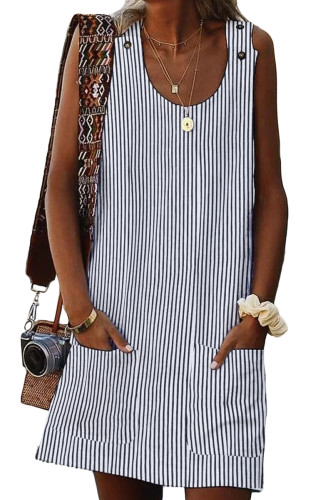 Black Boho Crew Neck Pockets Daily Striped Shift Dress