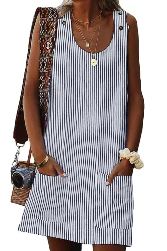 Black Boho Crew Neck Pockets Daily Striped Shift Dress