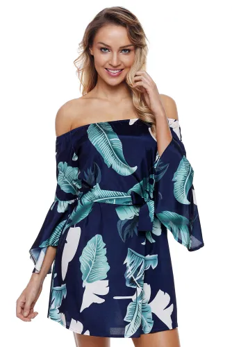 Tropical Leaf Print Navy Off Shoulder Dress