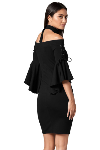 Grommet Lacing Sleeved Black Choker Dress