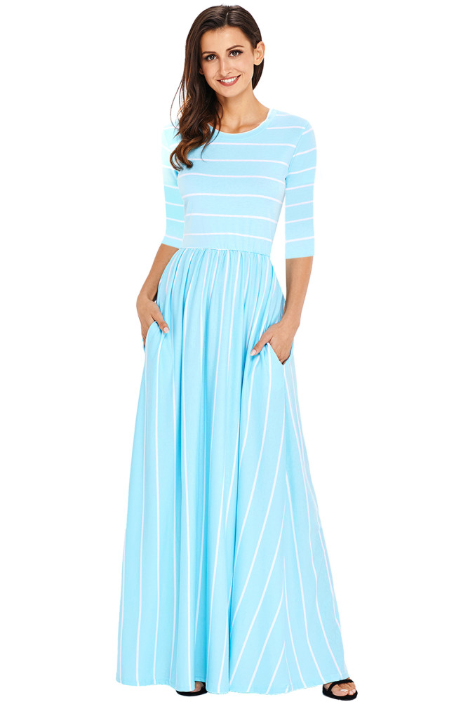 Blue White Striped Casual Pocket Style Maxi Dress