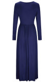 Navy Blue Button Front Pocket Style Casual Long Dress