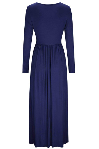 Navy Blue Button Front Pocket Style Casual Long Dress