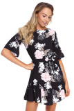 Black Floral Pattern Ruffle Hem Chiffon Dress