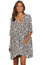 White Leopard Print V Neck Button Half Sleeves Swing Dress