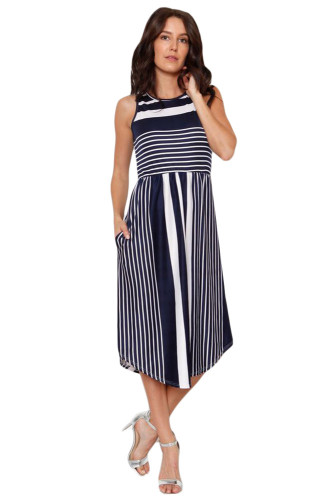 Navy White Striped Sleeveless Midi Dress