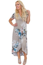 Taupe Floral Print High Low Wrap Dress