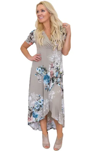 Taupe Floral Print High Low Wrap Dress