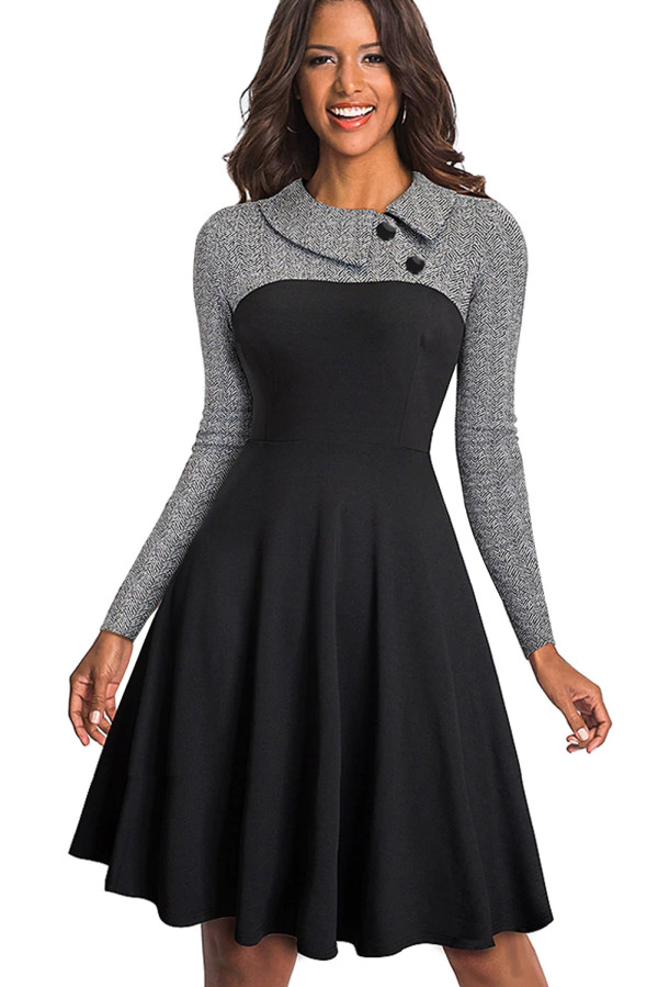 Gray Vintage Turn-Down Collar Pinup Button A-Line Dress