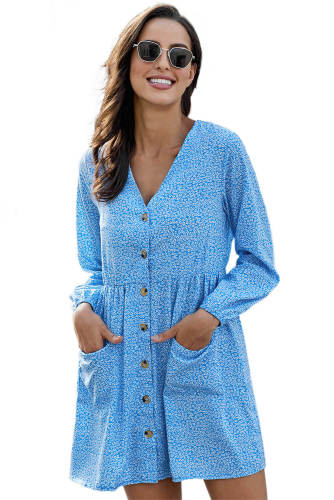 Sky Blue Printed V Neck Buttoned Long Sleeve Shirt Dress