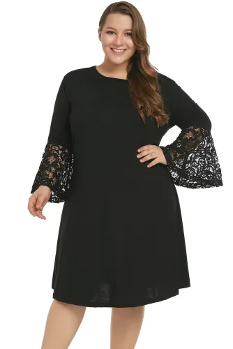 Black Sequin Lace Bell Sleeve Plus Size Mini Dress