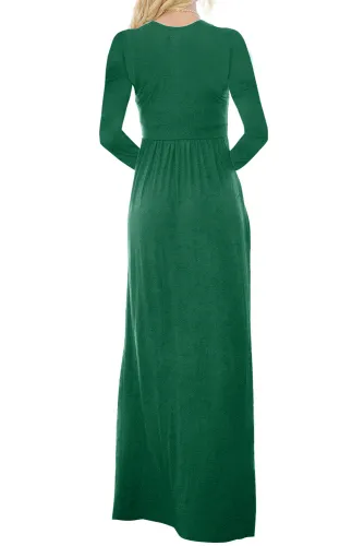 Hunter Green Long Sleeve Buttoned Casual Maxi Dress