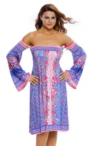 Blue Pink Floral Print Off-shoulder Boho Dress
