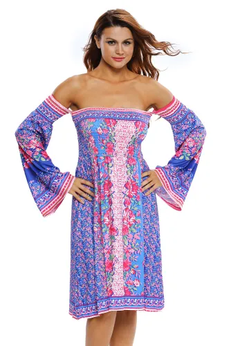 Blue Pink Floral Print Off-shoulder Boho Dress