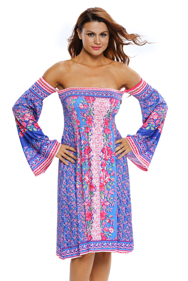 Blue Pink Floral Print Off-shoulder Boho Dress