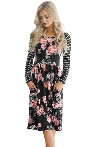 Black Floral Stripe Long Sleeve Side Pocket Boho Dress