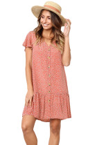 Red Polka Dot V Neck Buttoned Ruffles Short T-Shirt Dress