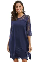 Blue Chiffon Overlay Three Quarter Sleeve Dress