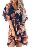 Blue Floral Print V Neck Wrap Dress with Ruffle Sleeves