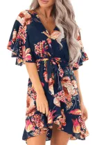Blue Floral Print V Neck Wrap Dress with Ruffle Sleeves