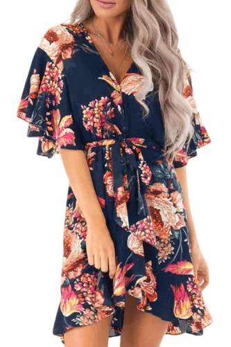 Blue Floral Print V Neck Wrap Dress with Ruffle Sleeves