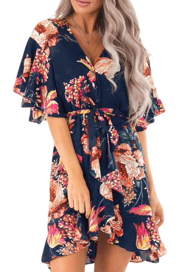 Blue Floral Print V Neck Wrap Dress with Ruffle Sleeves