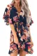 Blue Floral Print V Neck Wrap Dress with Ruffle Sleeves