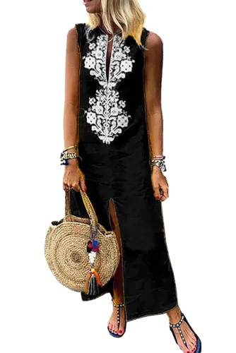 Black Sleeveless Casual Slit Geometric Summer Dress