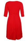 Red 3/4 Sleeve Draped Swing Dress