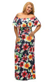Navy Blue Roses Print Off-the-shoulder Maxi Dress