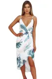 Deep V Neck Green Leaves Print Boho Dress in White
