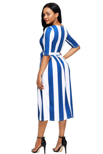 Blue Stripe Print Half Sleeve Belted Dress