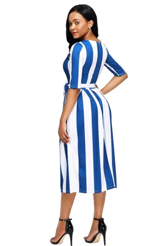 Blue Stripe Print Half Sleeve Belted Dress