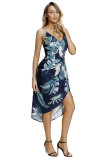 Deep V Neck Green Leaves Print Boho Dress in Navy