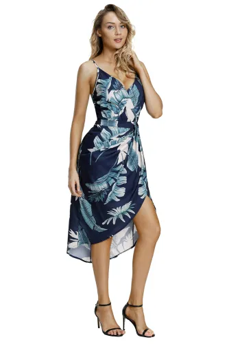 Deep V Neck Green Leaves Print Boho Dress in Navy