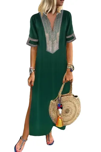 Green Bohemian Floral Print Split Maxi Dress