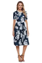 Blue Full-blown Floral Print Knee Length Dress