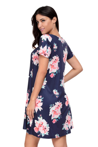 Dark Blue Pocket Design Summer Floral Shirt Dress