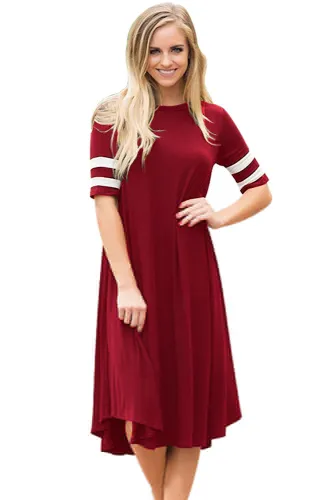 Striped Half Sleeves O Neck Flowy Jersey Dress in Red