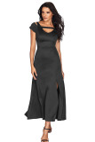 Grey Cold Shoulder Front Slit Flare Maxi Dress