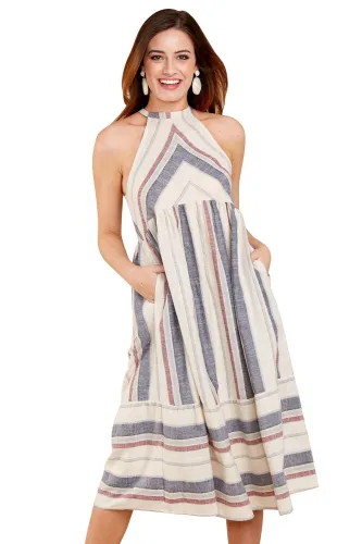 White Striped Bohemian Fashion Midi Dress