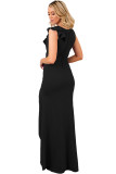 Black Asymmetric Ruffle Detail Side Slit Party Dress