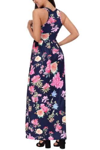 Navy Flourish Print Sleeveless Long Boho Dress
